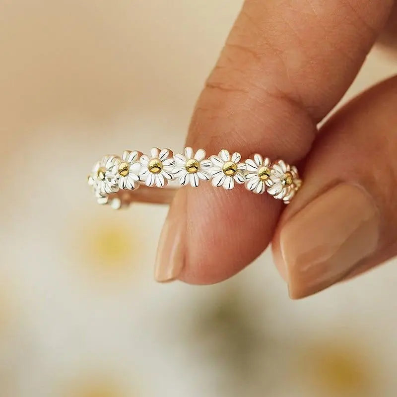 Adjustable Silver Ring with Hand-Painted Enamel Daisy Jula Jewelry