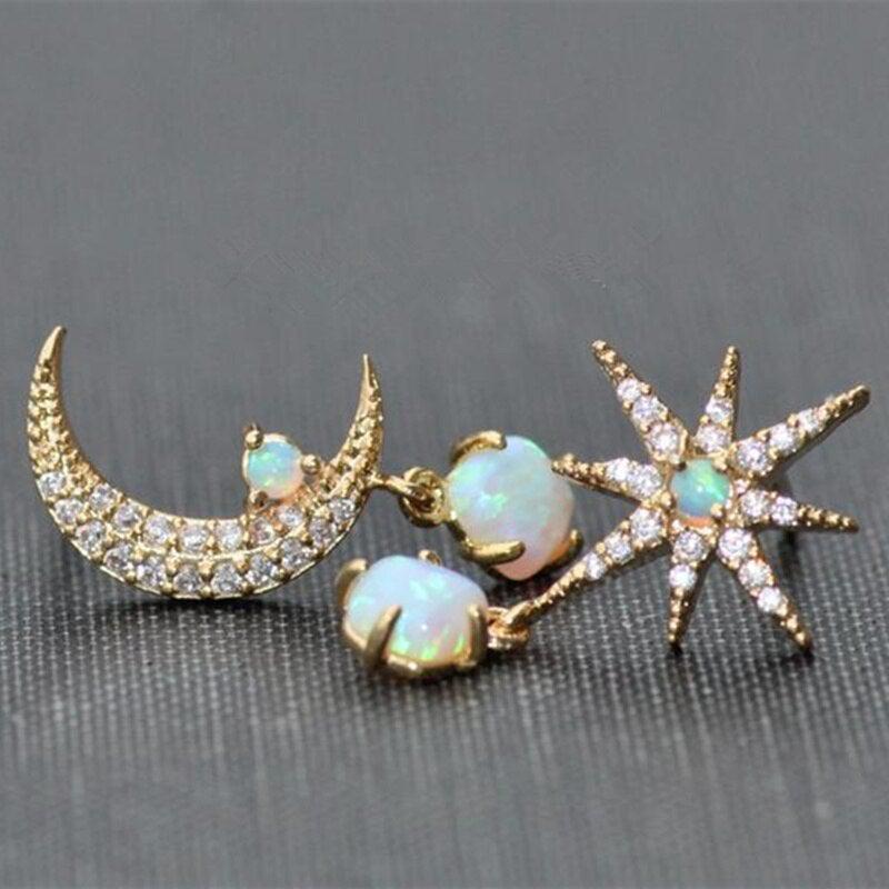 Gold and Opal Earrings with Moon and Star Design Jula Jewelry