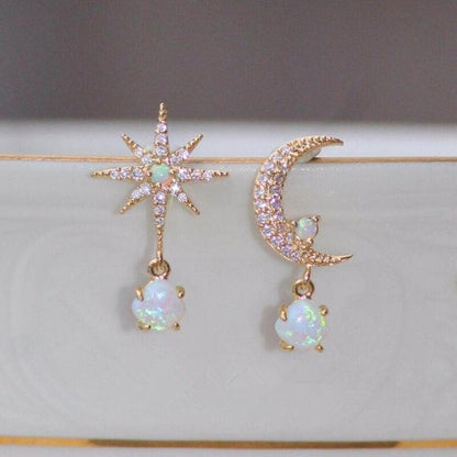 Gold and Opal Earrings with Moon and Star Design Jula Jewelry