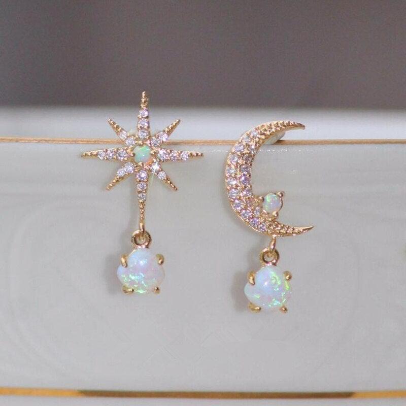Gold and Opal Earrings with Moon and Star Design Jula Jewelry