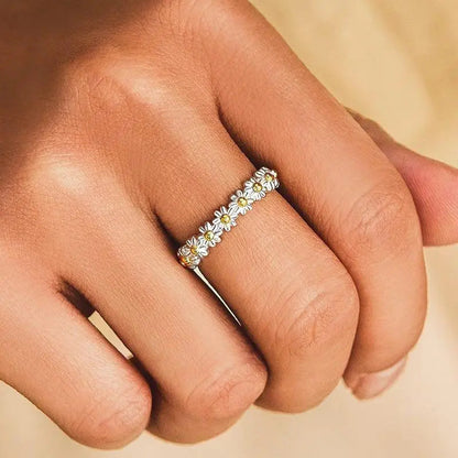 Adjustable Silver Ring with Hand-Painted Enamel Daisy Jula Jewelry