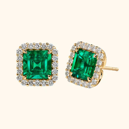 Emerald Gold Square Halo Stud Earrings Jula Jewelry