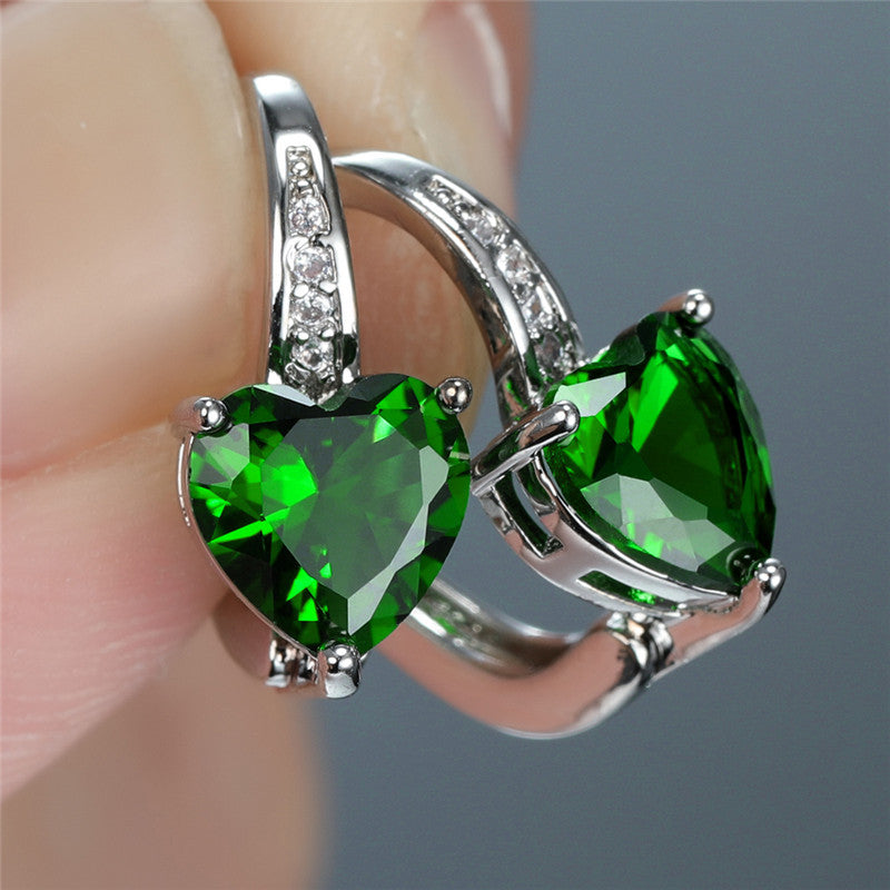 Silver Emerald Heart Hoop Earrings -> Silver Heart Hoop Earrings with Emerald Jula Jewelry