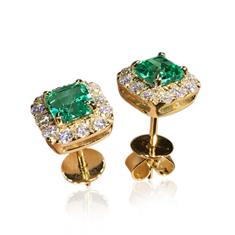 Emerald Gold Square Halo Stud Earrings Jula Jewelry