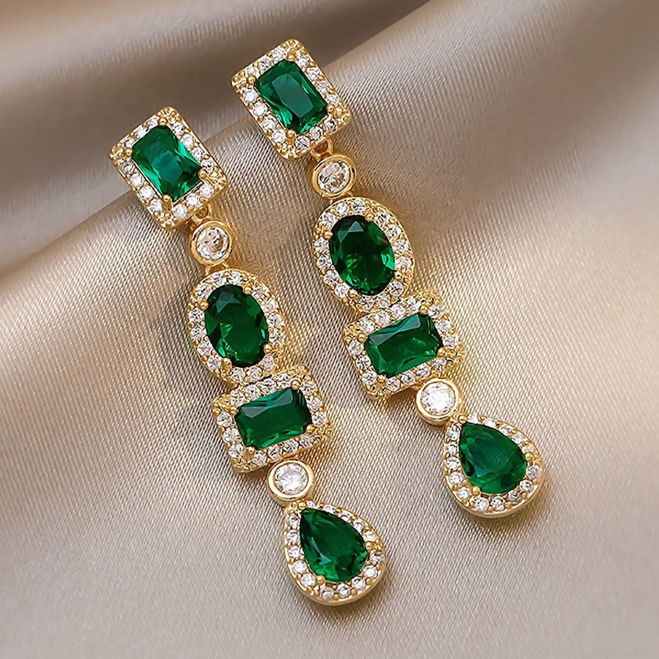 Gold and Emerald Multi-Shape Dangle Earrings Jula Jewelry
