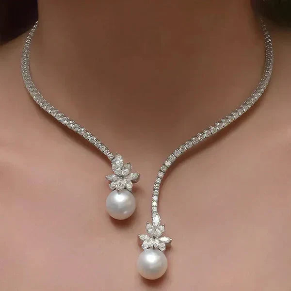 1+1 Offer: Elegant shiny necklace with silver pearls + White Sapphire Bracelet with Emerald Cut Jula Jewelry