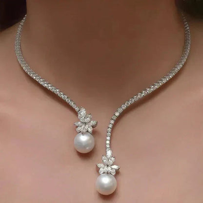 1+1 Offer: Elegant shiny necklace with silver pearls + White Sapphire Bracelet with Emerald Cut Jula Jewelry