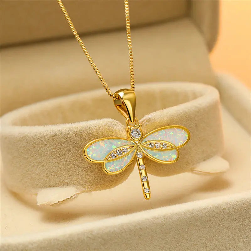 Gold Dragonfly Necklace with Opal Jula Jewelry