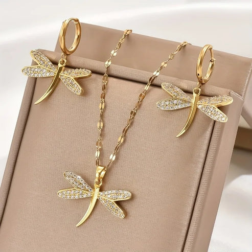 Gold Dragonfly Jewelry Pendant Necklace with Bonus Earrings Jula Jewelry