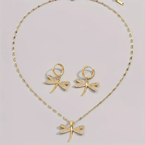Gold Dragonfly Jewelry Necklace with Complimentary Earrings Jula Jewelry