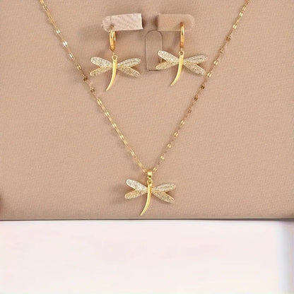 Gold Dragonfly Jewelry Pendant Necklace with Bonus Earrings Jula Jewelry