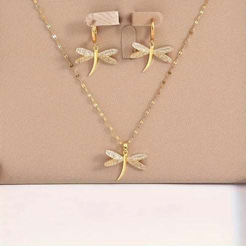 Gold Dragonfly Jewelry Necklace with Complimentary Earrings Jula Jewelry
