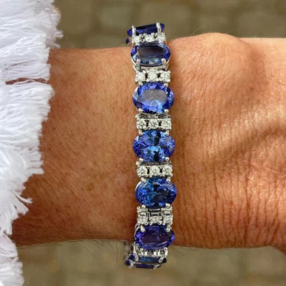 1+1 Offer: Oval & Round Cut Blue Tanzanite Bracelet + Knot Round Cut Blue Sapphire Engagement Ring Jula Jewelry