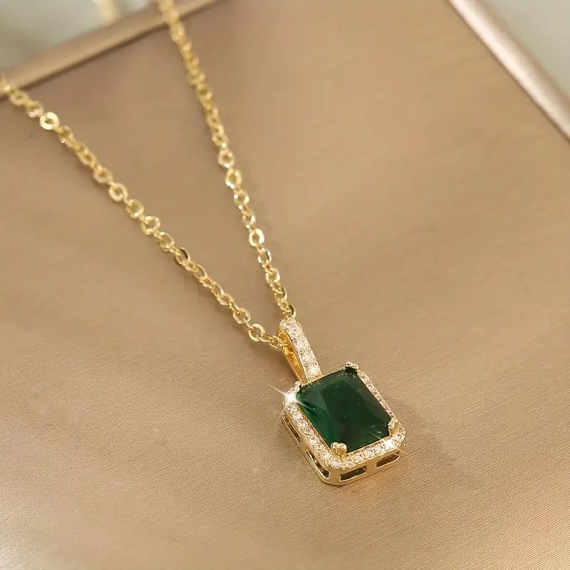 Emerald Gold Rectangular Halo Necklace Jula Jewelry
