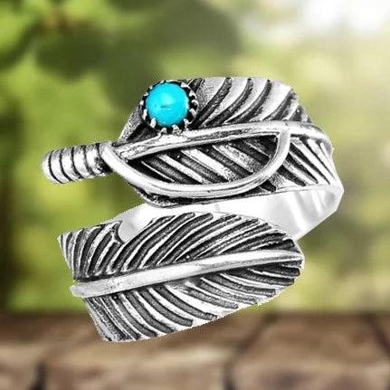 Boho Feather Turquoise Adjustable Band Ring Jula Jewelry