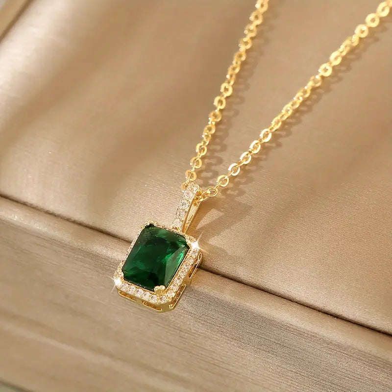 Emerald Gold Rectangular Halo Necklace Jula Jewelry