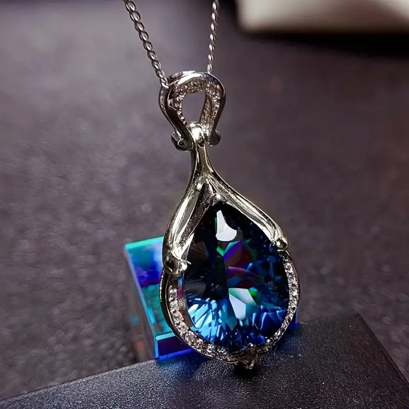 Silver Sapphire Teardrop Pendant Necklace Jula Jewelry