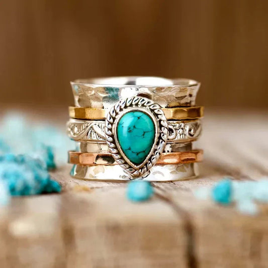 Vintage Turquoise Stone Inlaid Gold and Silver Ring Jula Jewelry