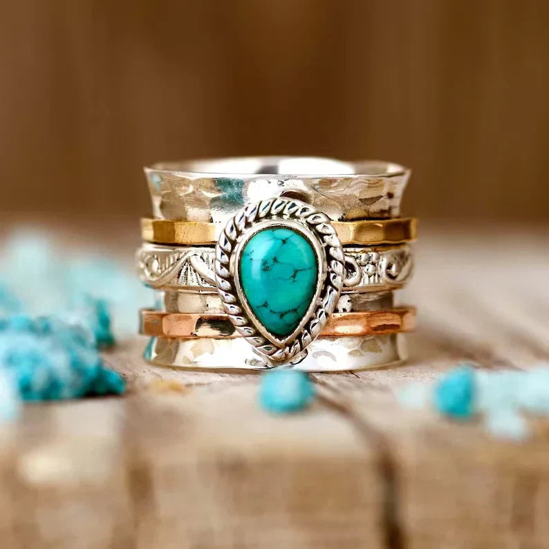 Vintage Turquoise Stone Inlaid Gold and Silver Ring Jula Jewelry