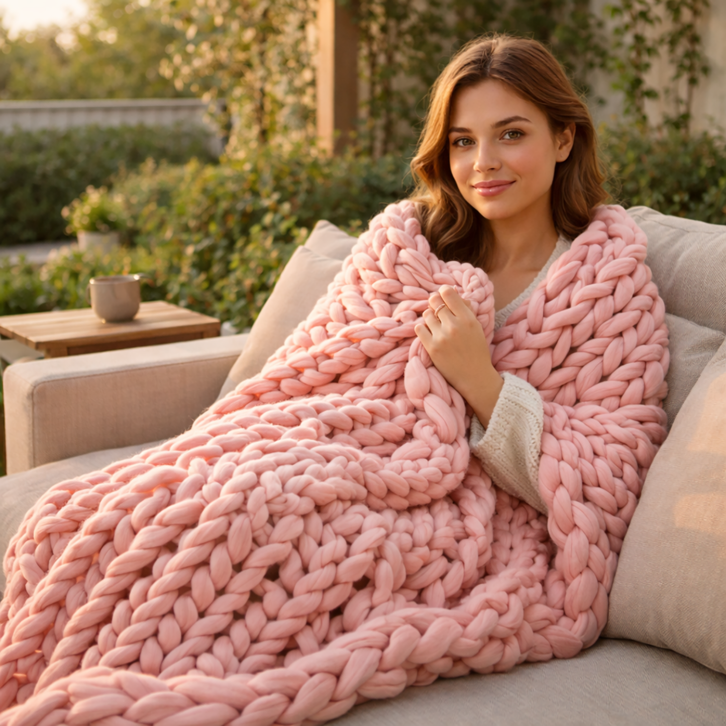 Chunky Knit Blanket Cozy Crochet Style Multi-Use for Home Garden SleepingPillow