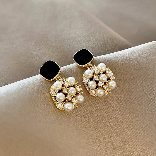 Gold earrings with black opal and pearls Jula Jewelry