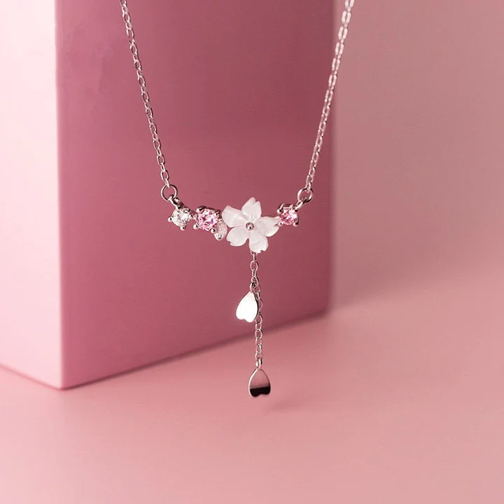 Floral Pendant Necklace with Pink Stones in Silver Jula Jewelry