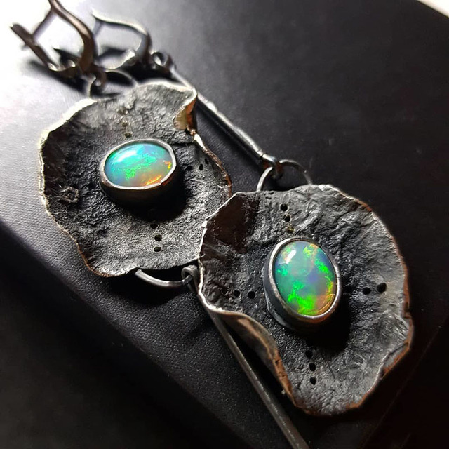 Bohemian earrings with green opal set in silver Jula Jewelry