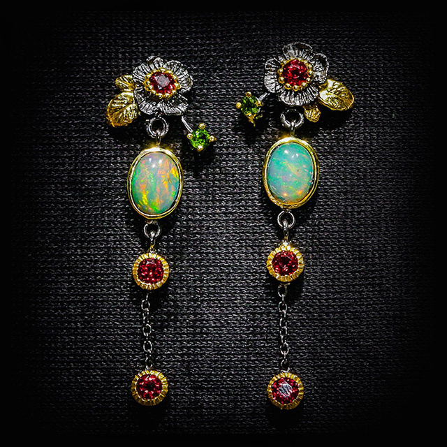 Bohemian earrings featuring opal and red zirconia. Jula Jewelry
