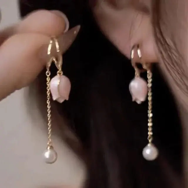 Gold Floral Pearl Dangle Earrings Jula Jewelry
