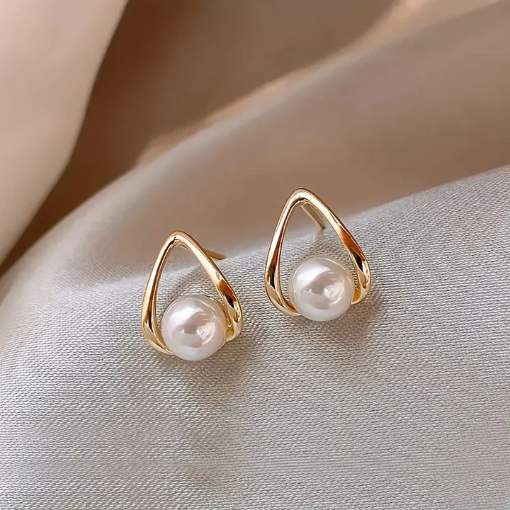 Triangular Hollow Earrings with Graceful Pearls Jula Jewelry