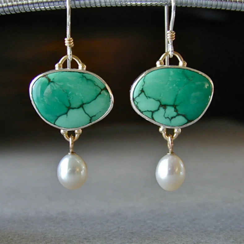 Vintage earrings crafted from turquoise and pearls. Jula Jewelry