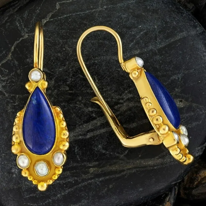 Blue Vintage Gold Earrings with Pearls Jula Jewelry