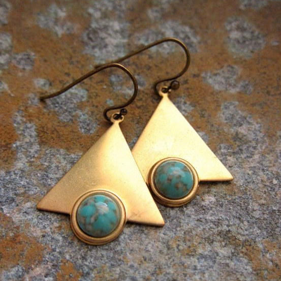 Golden Triangle Earrings with Antique Turquoise Stones Jula Jewelry