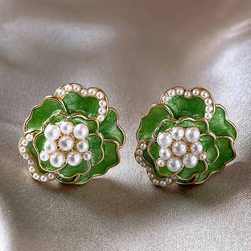 Green Enamel Earrings with Graceful Pearls Jula Jewelry