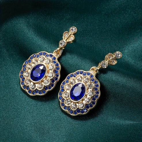 Blue Crystal Mandala Earrings on Antique Gold Jula Jewelry