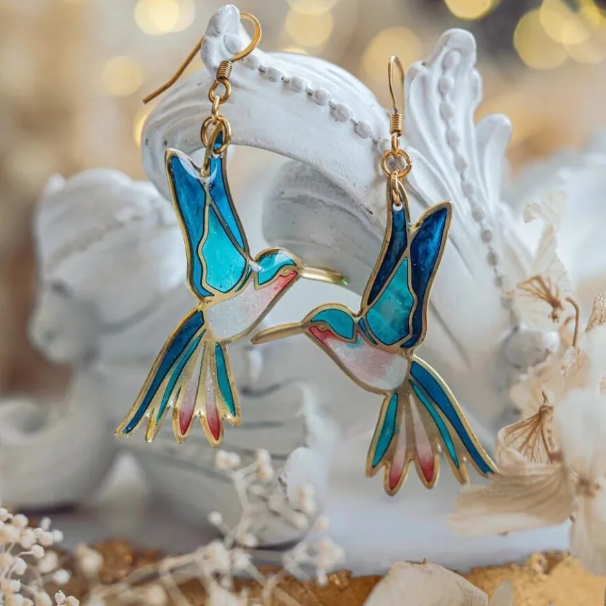 Vintage Blue Enamel Hummingbird Ear Studs Jula Jewelry