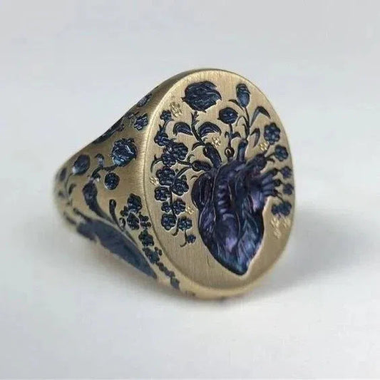 Vintage Gold Ring with Blue Floral Design Jula Jewelry