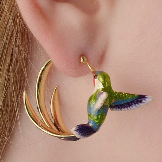 Vintage Enamel Hummingbird Circle Earrings Jula Jewelry