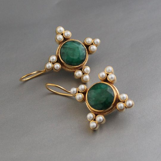 Vintage Green Crystal & Pearl Dangle Earrings Jula Jewelry