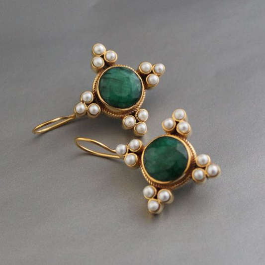 Vintage Green Crystal & Pearl Dangle Earrings Jula Jewelry