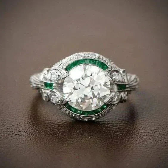 Vintage Green Glass and White Zirconia Ring Jula Jewelry