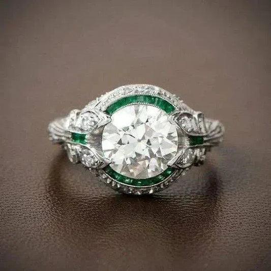 Vintage Green Glass and White Zirconia Ring Jula Jewelry