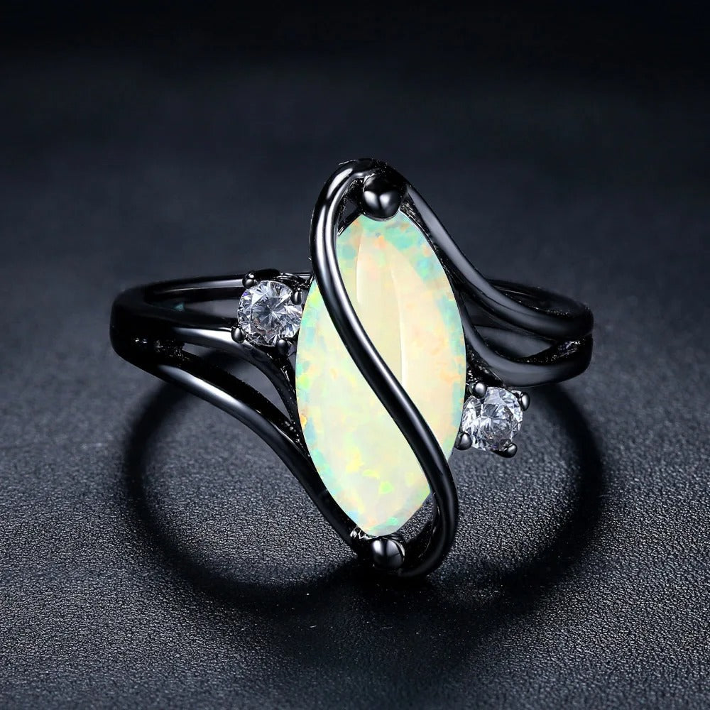 Vintage Black Silver Opal & Crystal Embellished Ring Jula Jewelry
