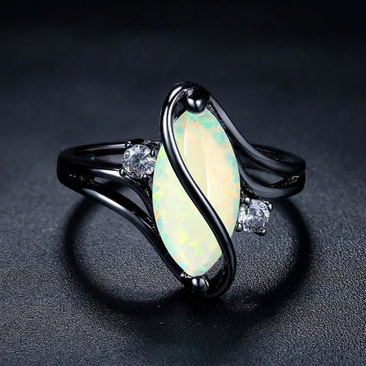 Vintage Black Silver Opal & Crystal Embellished Ring Jula Jewelry