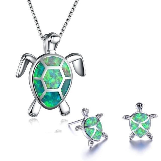 Opal and Silver Sea Turtle Jewelry Set: Necklace + Earrings Jula Jewelry