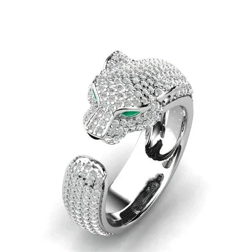 Adjustable Panther Ring with Green Zirconia Eyes Jula Jewelry