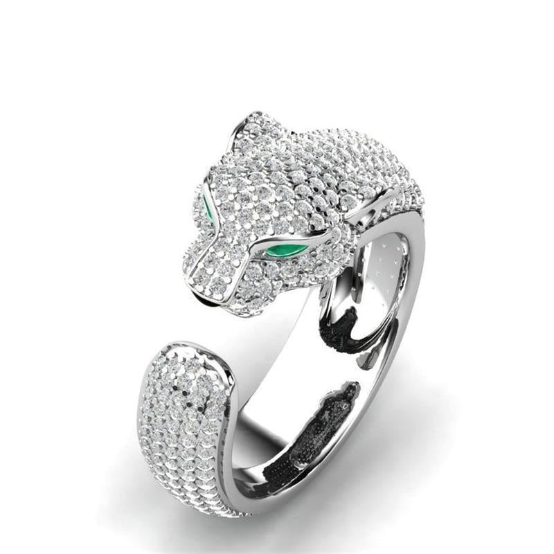 Adjustable Jaguar Ring crafted from 18K Silver and 18K Rose Gold with Green Zirconia Eyes Jula Jewelry