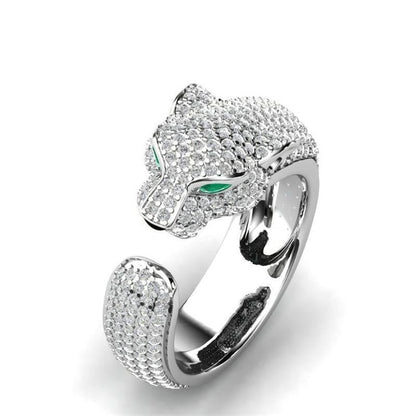 Adjustable Jaguar Ring crafted from 18K Silver and 18K Rose Gold with Green Zirconia Eyes Jula Jewelry