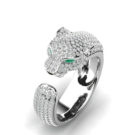 Adjustable Jaguar Ring crafted from 18K Silver and 18K Rose Gold with Green Zirconia Eyes Jula Jewelry