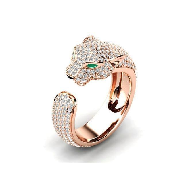 Adjustable Jaguar Ring crafted from 18K Silver and 18K Rose Gold with Green Zirconia Eyes Jula Jewelry